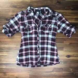 FANG Button Down Plaid Studded Long Sleeve Top